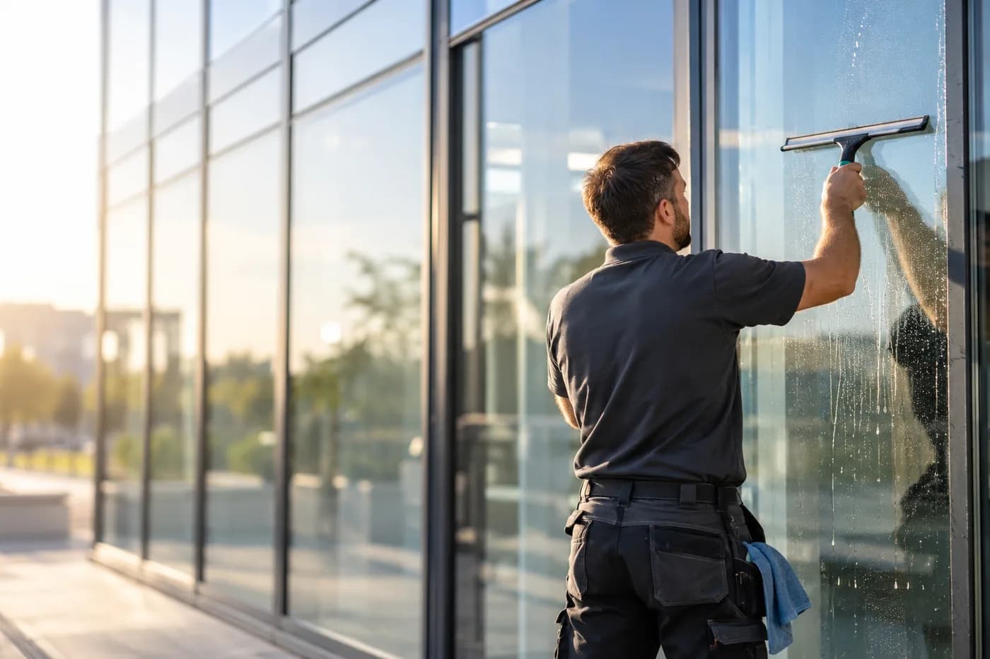Cleaner squeegeeing a glass facade