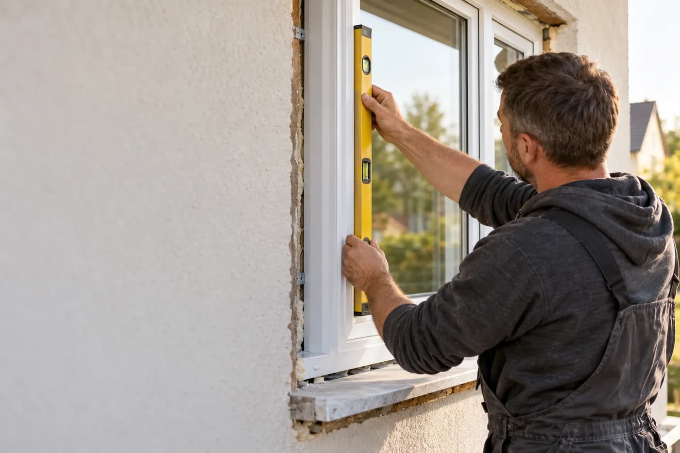 Fitter aligning a white window with a spirit level