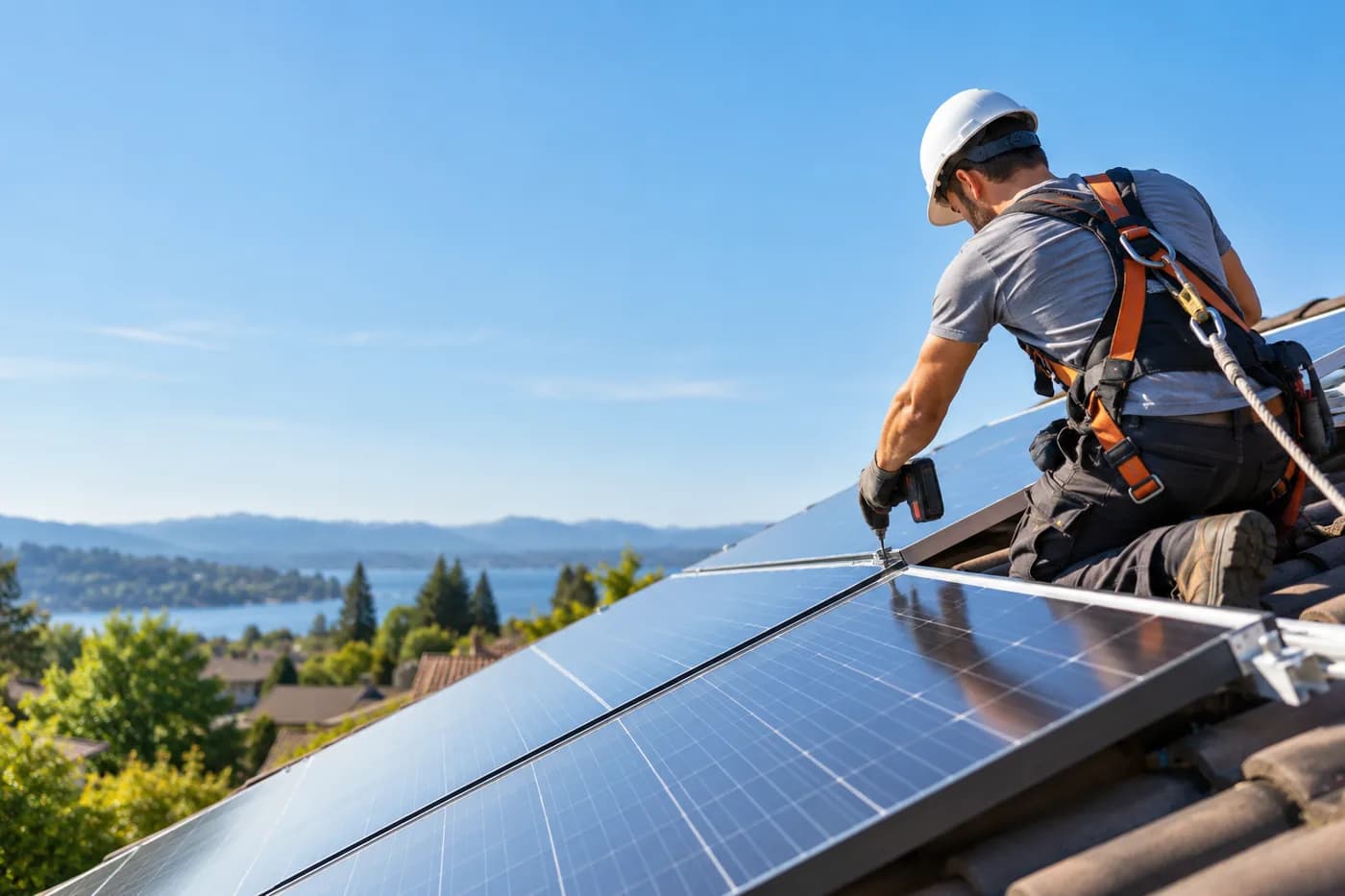 Solar installer mounting a photovoltaic module