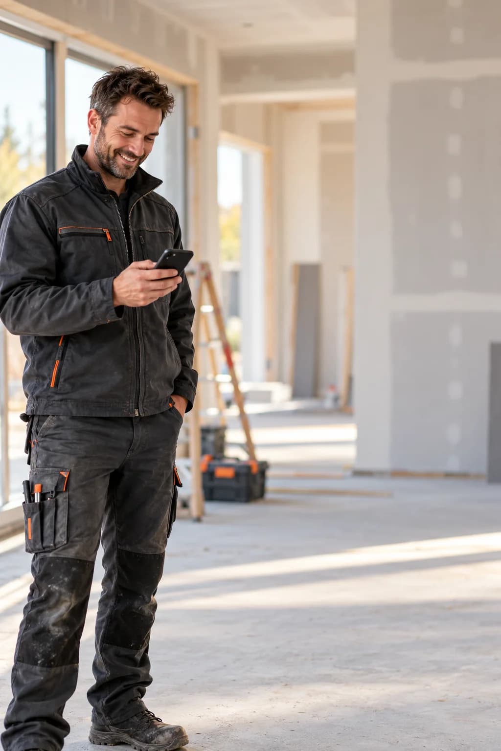 Handwerksmeister schaut auf der Baustelle lächelnd auf sein Smartphone