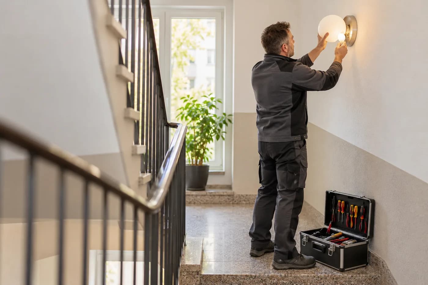 Caretaker changing a light in a stairwell