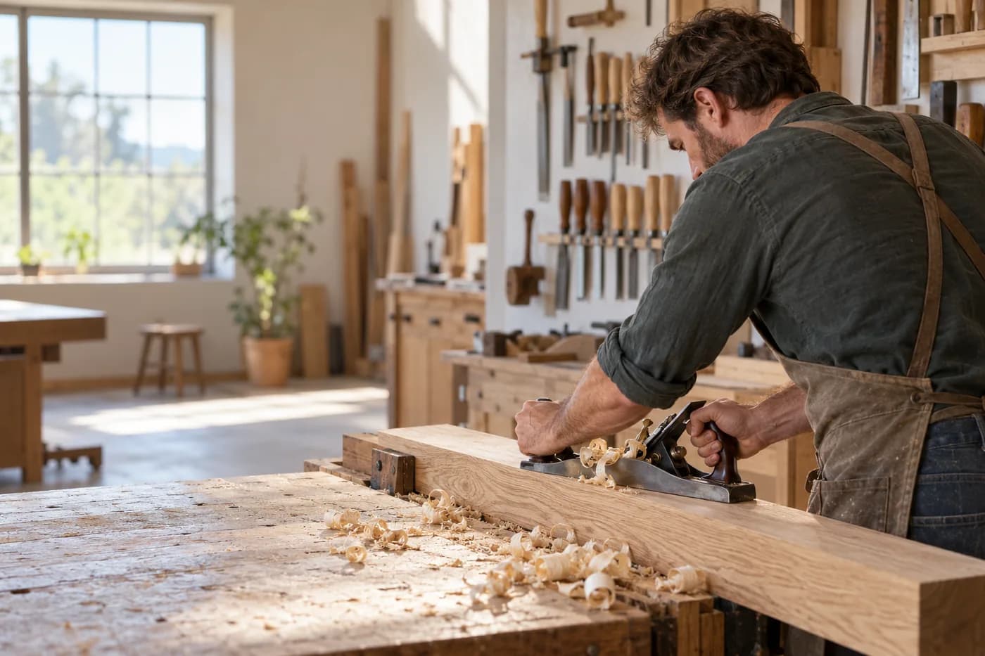 Carpenter planing an oak board in the workshop