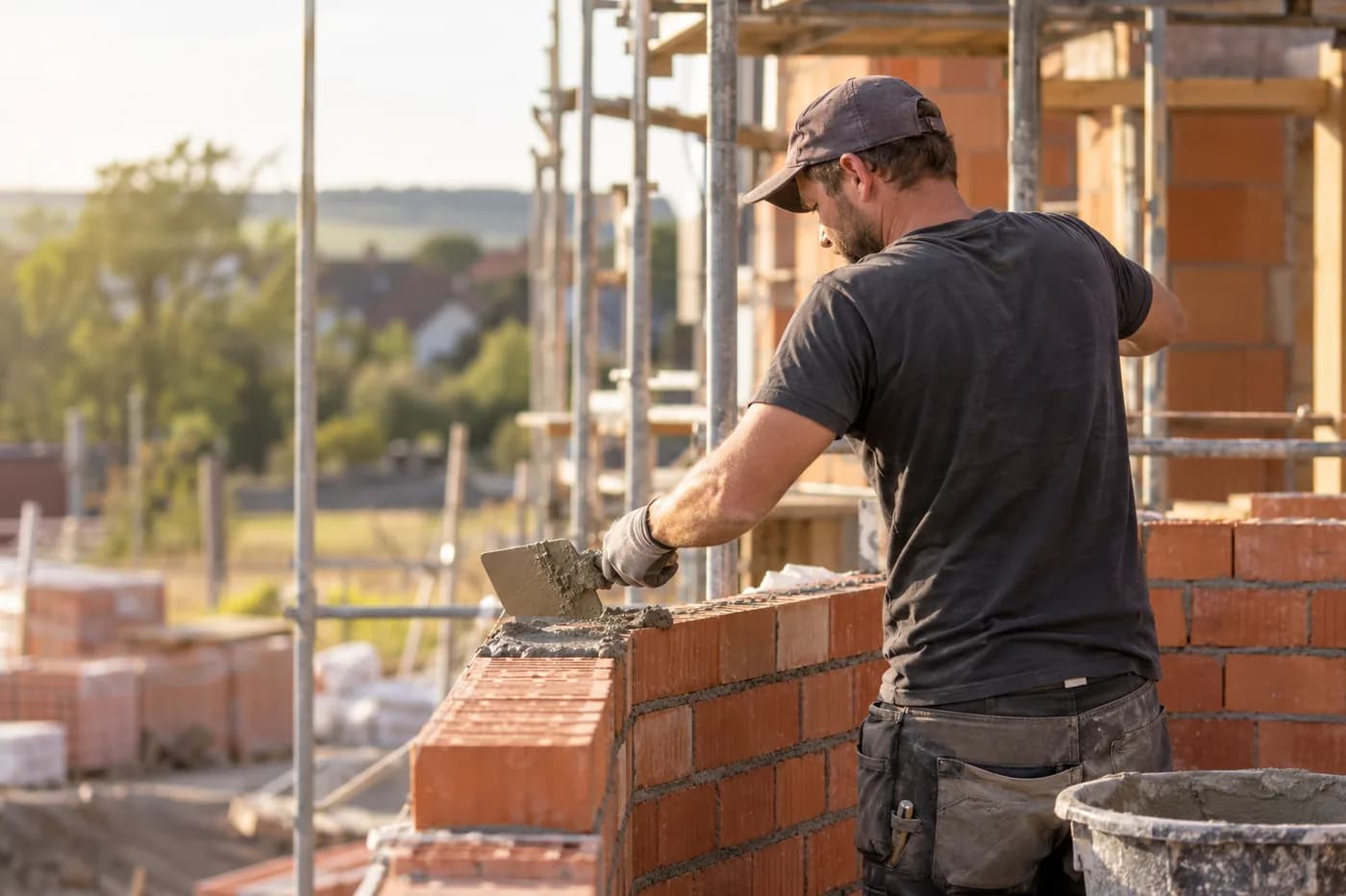 Bricklayer building a brick wall