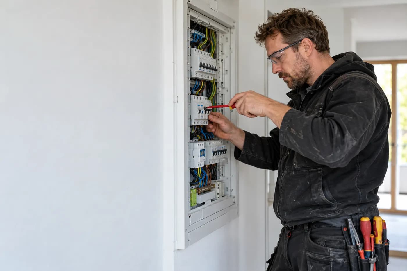 Elektriker verdrahtet einen Sicherungskasten