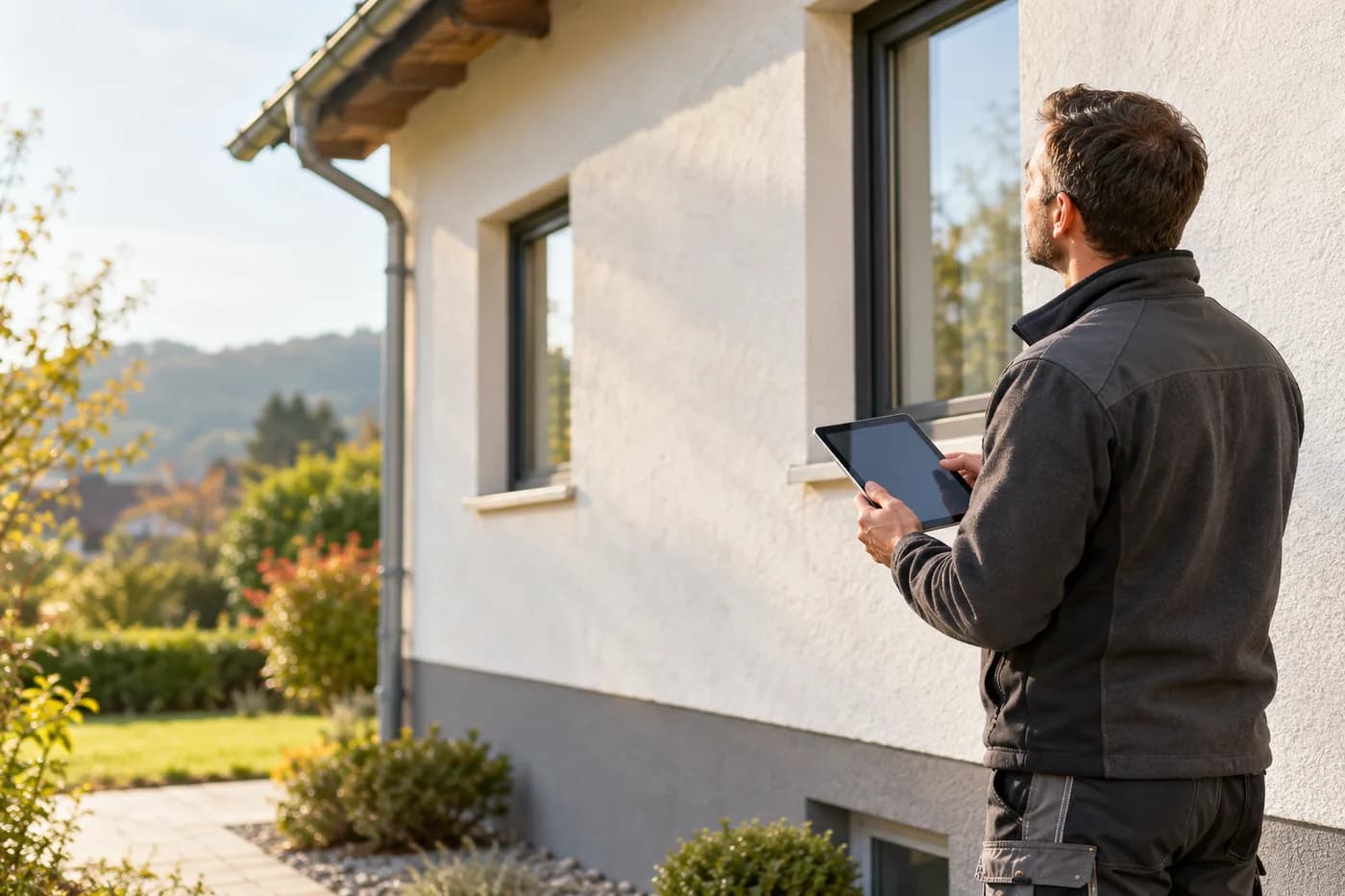 Energieberater prüft mit einem Tablet eine Hausfassade