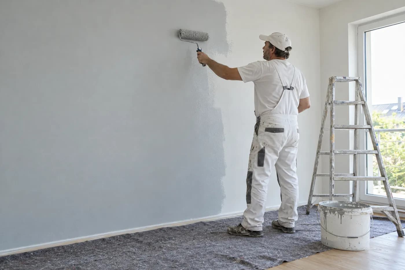 Maler rollt eine Wand mit grauer Farbe
