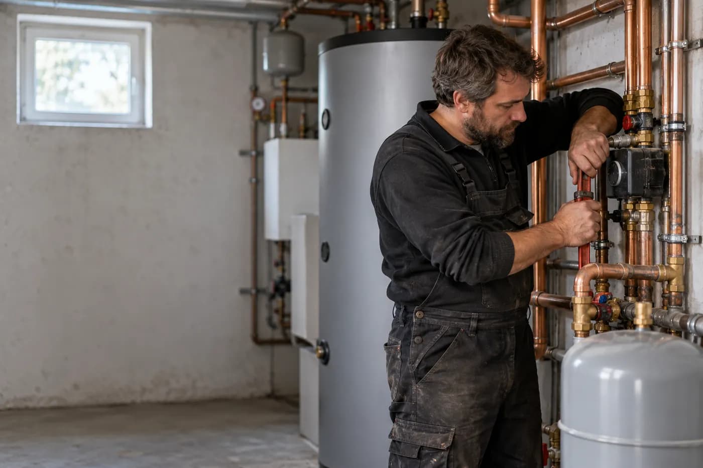 Installateur verlegt Heizungsrohre