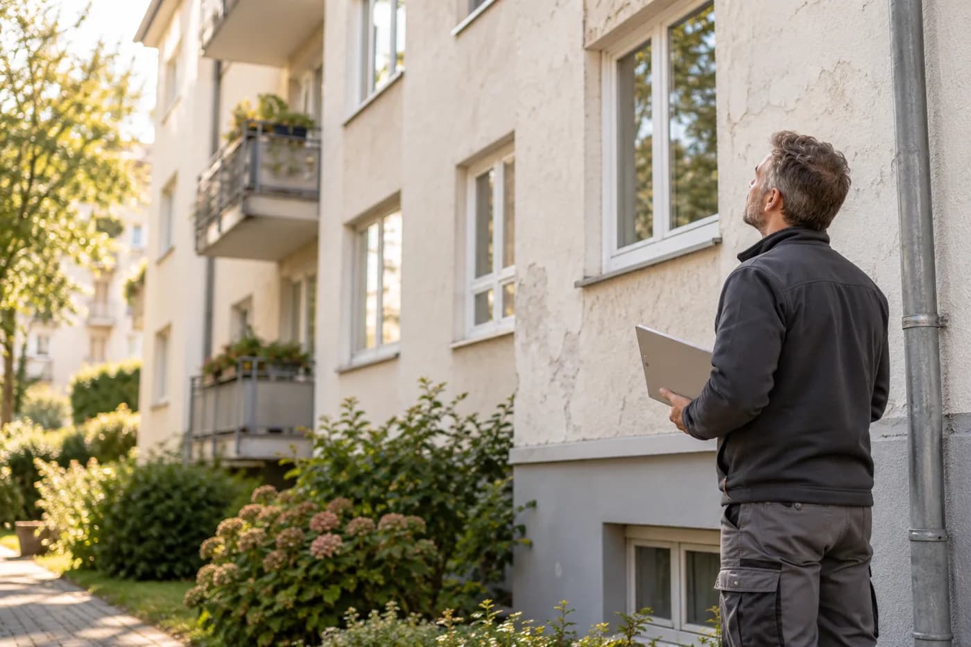 Property manager checking the facade of an apartment building