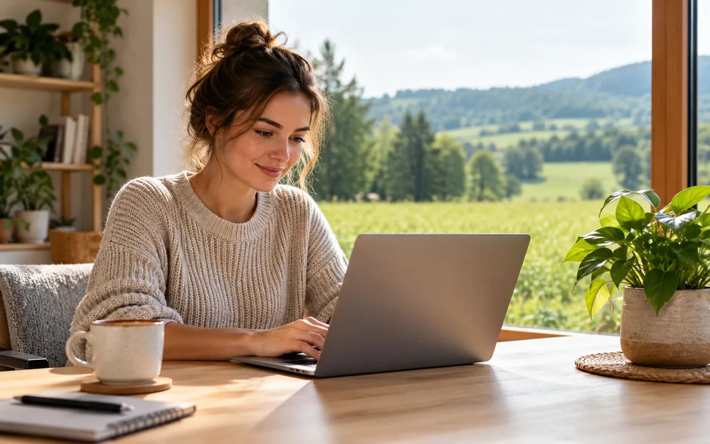 Entwicklerin arbeitet entspannt am Laptop an einem Holztisch mit Blick ins Grüne