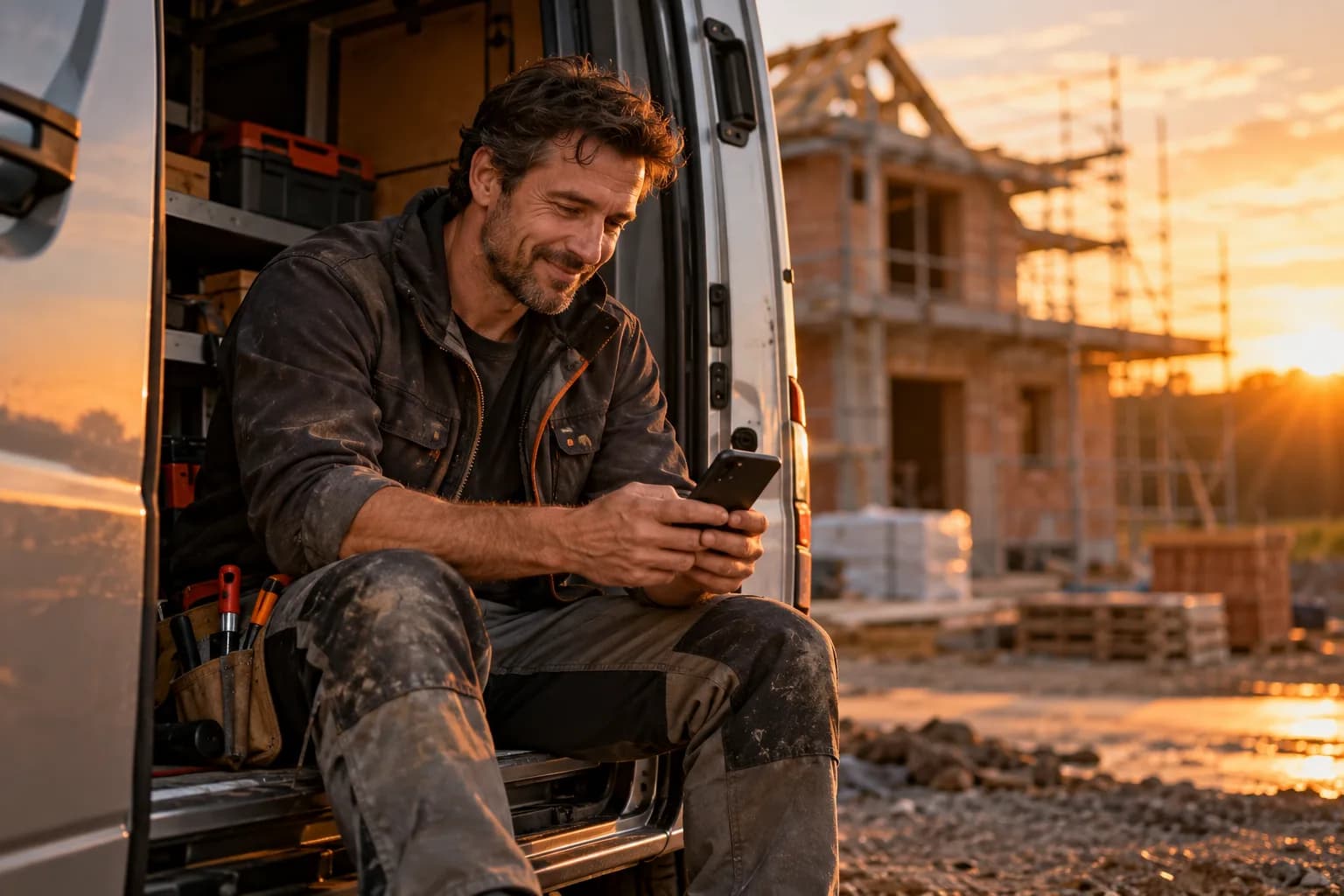 Handwerker schaut nach Feierabend auf sein Smartphone
